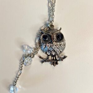 Owl Pendant Necklace - Rhinestones, Black Eyes Silver Toned